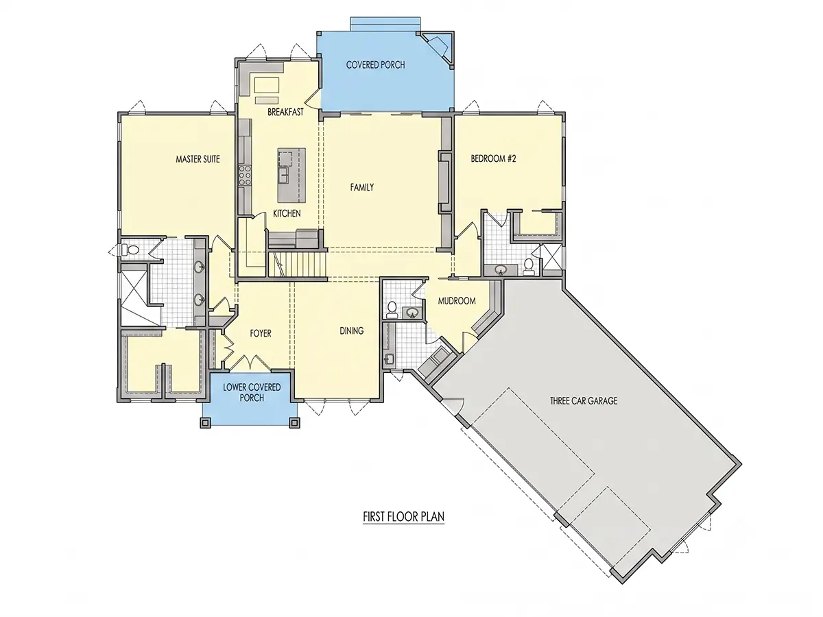 Parter 11 – Proiect de casa cu etaj 483 m²: 5 Dormitoare, Birou, 5 Bai, Bucatarie deschisa, Garaj — 22009R