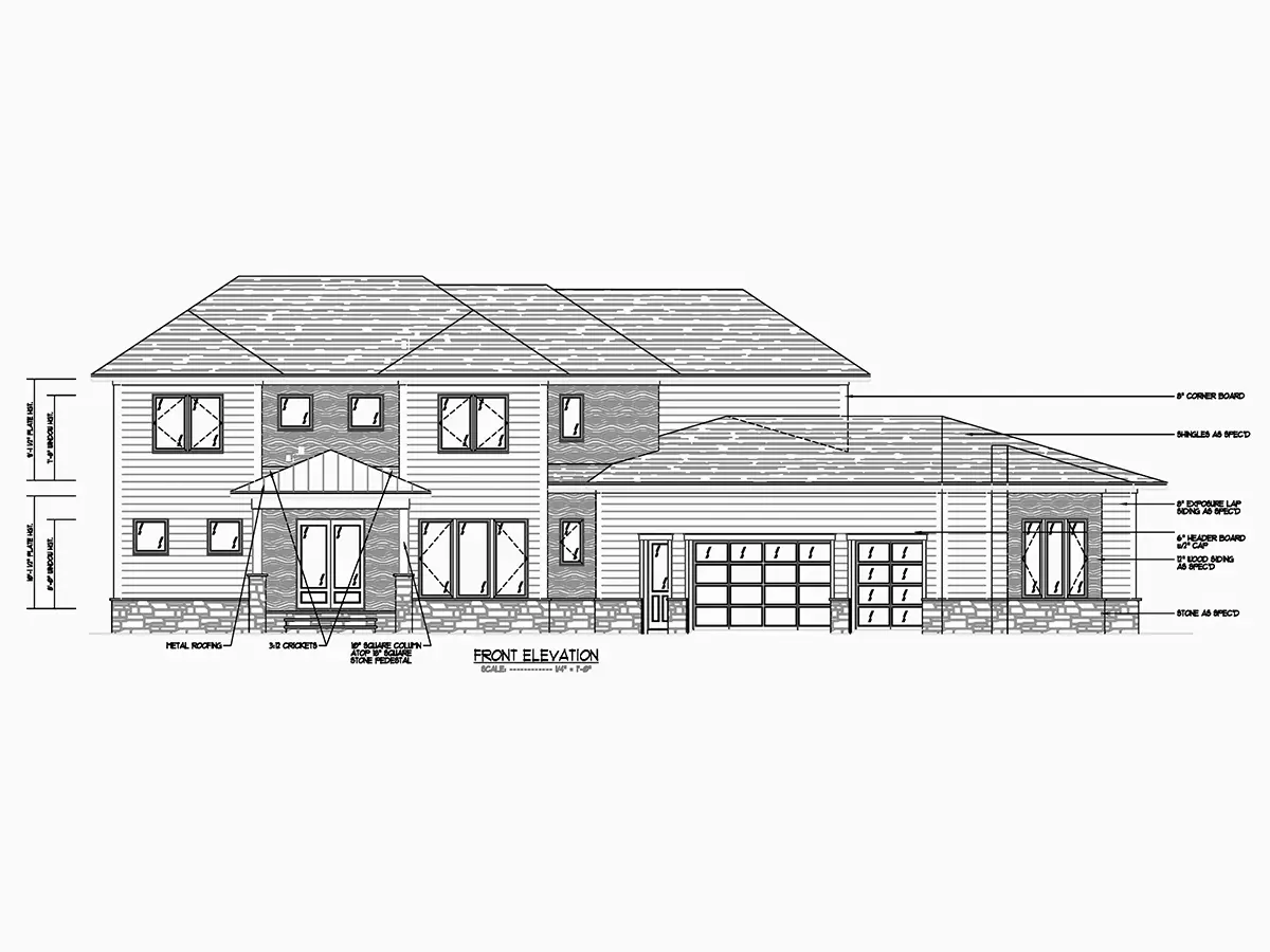 Fațade 7 – Proiect de casa cu etaj 483 m²: 5 Dormitoare, Birou, 5 Bai, Bucatarie deschisa, Garaj — 22009R