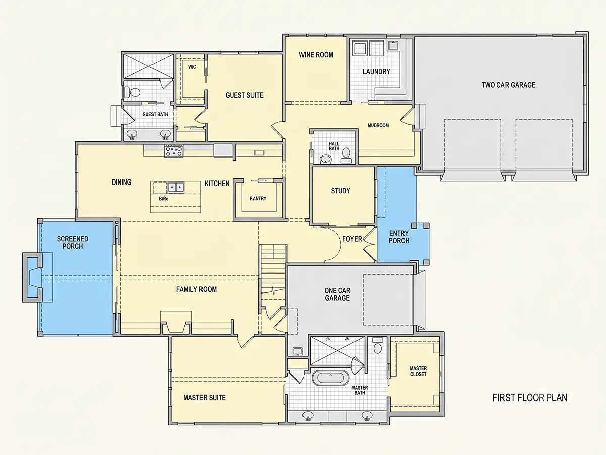 Parter 8 – Proiect de casa cu etaj 353 m²: 4 Dormitoare, Birou, 5 Bai, Bucatarie deschisa, Garaj — 73032R
