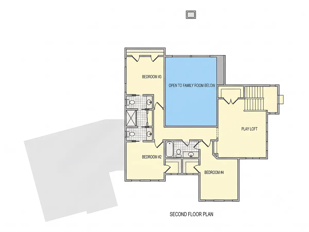 Etaj 1 7 – Proiect de casa cu etaj + demisol 433 m²: 4 Dormitoare, Birou, 6 Bai, Bucatarie deschisa, Garaj — 96376R