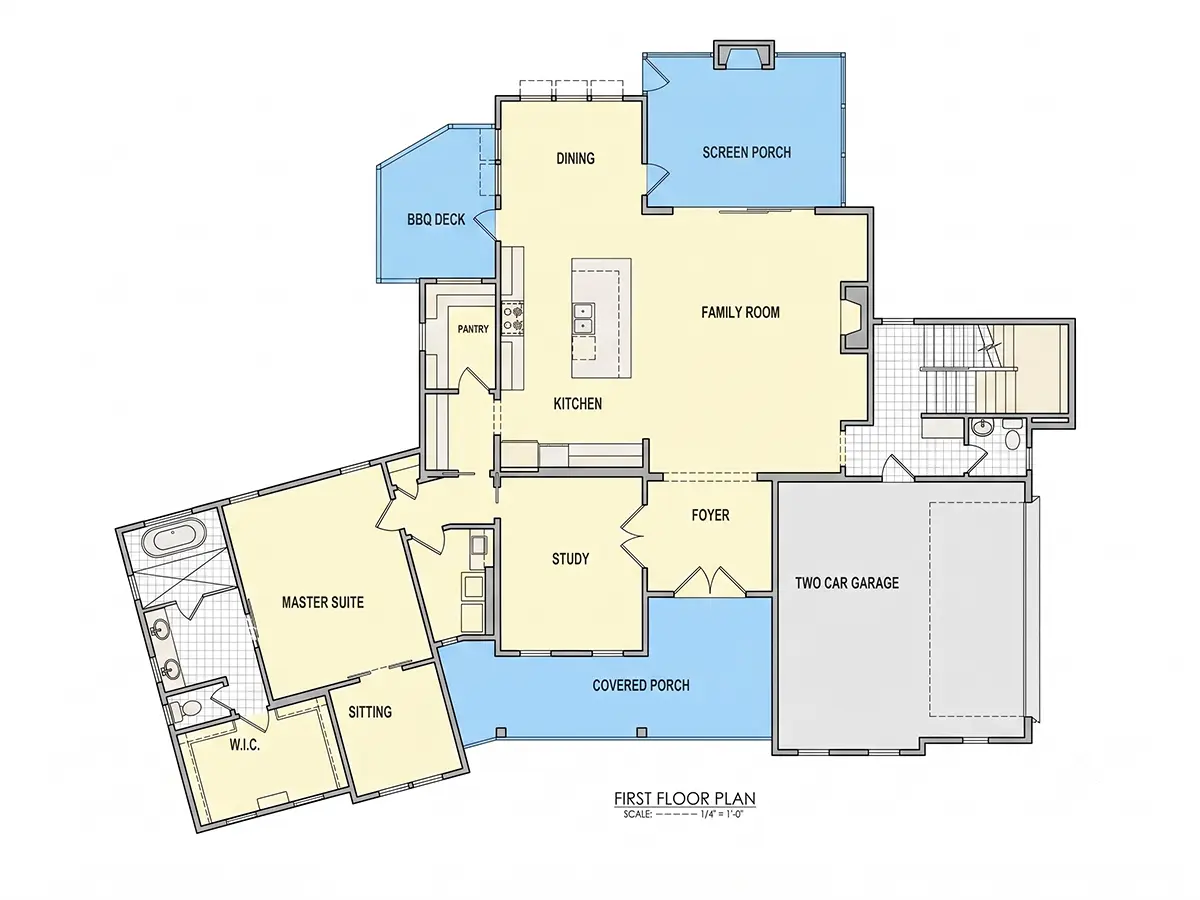 Parter 6 – Proiect de casa cu etaj + demisol 433 m²: 4 Dormitoare, Birou, 6 Bai, Bucatarie deschisa, Garaj — 96376R