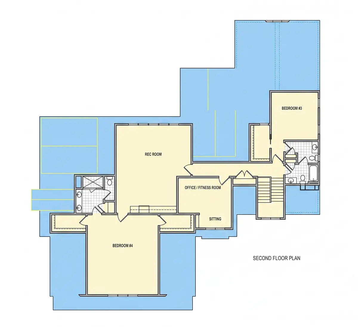 Etaj 1 10 – Proiect de casa parter cu mansardă 436 m²: 4 Dormitoare, Birou, 5 Bai, Bucatarie deschisa, Garaj — 62850R