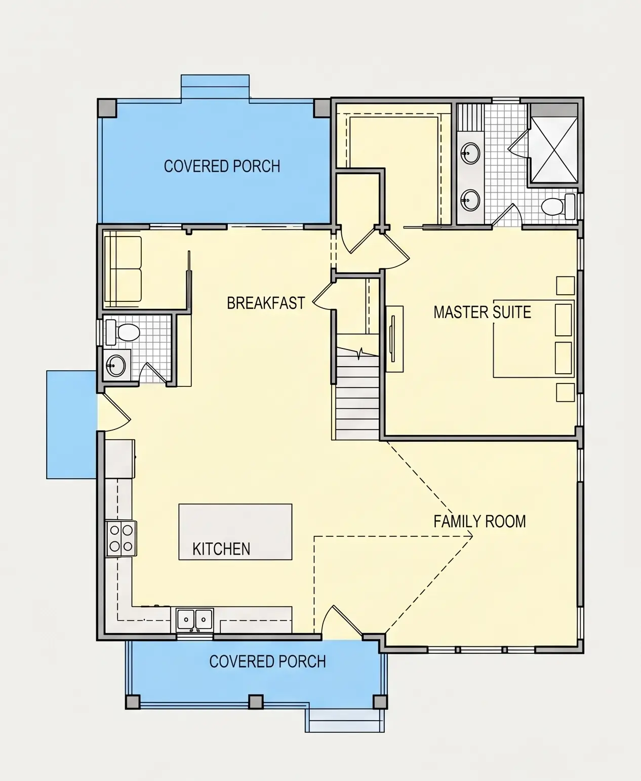 Parter 15 – Proiect de casa parter cu mansardă 181 m²: 4 Dormitoare, 4 Bai, Bucatarie deschisa, fara Garaj — 89622R
