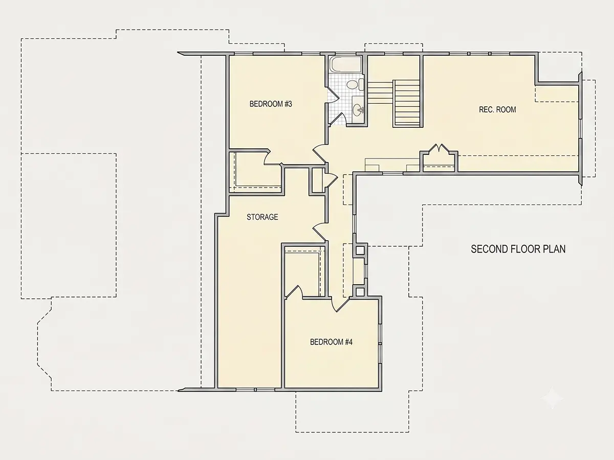 Etaj 1 22 – Proiect de casa parter cu mansardă 341 m²: 4 Dormitoare, Birou, 3 Bai, Bucatarie deschisa, Garaj — 68875R