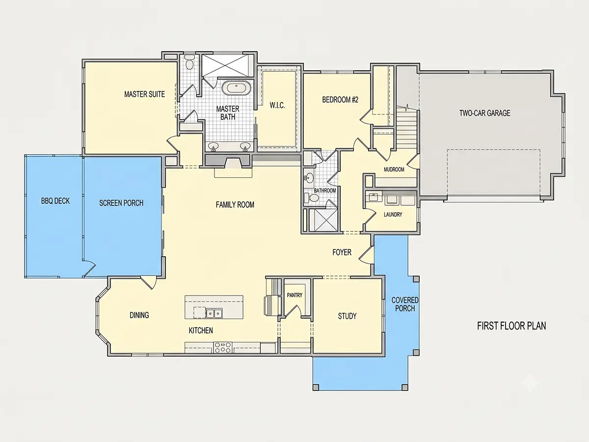 Parter 21 – Proiect de casa parter cu mansardă 341 m²: 4 Dormitoare, Birou, 3 Bai, Bucatarie deschisa, Garaj — 68875R