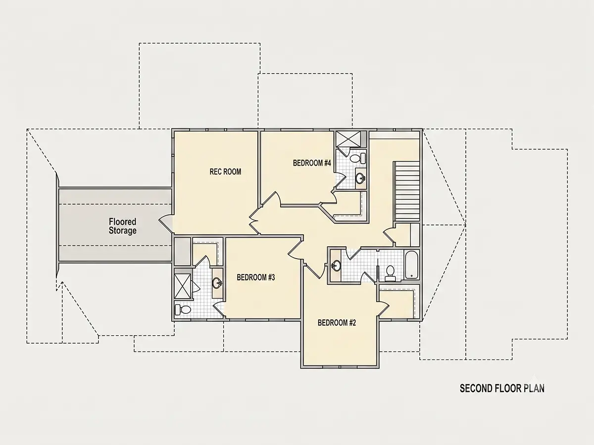 Etaj 1 11 – Proiect de casa cu etaj 390 m²: 4 Dormitoare, Birou, 5 Bai, Bucatarie deschisa, Garaj — 52212R
