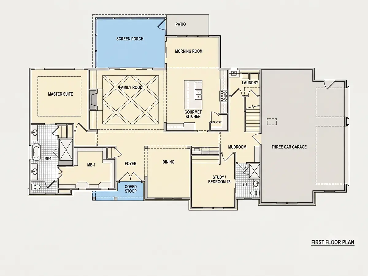 Parter 10 – Proiect de casa cu etaj 390 m²: 4 Dormitoare, Birou, 5 Bai, Bucatarie deschisa, Garaj — 52212R