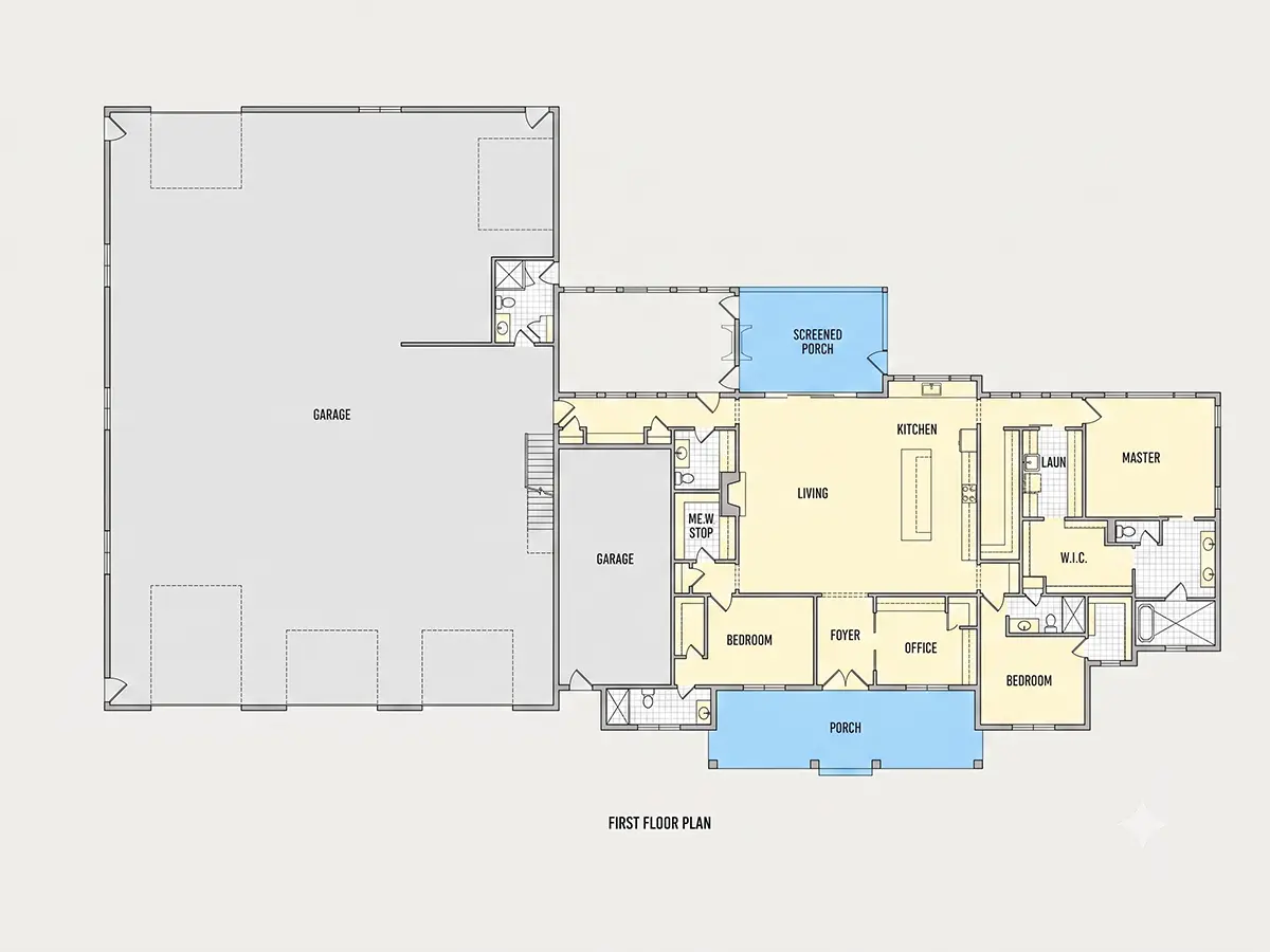 Parter 8 – Proiect de casa parter 375 m²: 3 Dormitoare, Birou, 5 Bai, Bucatarie deschisa, Garaj — 66314R