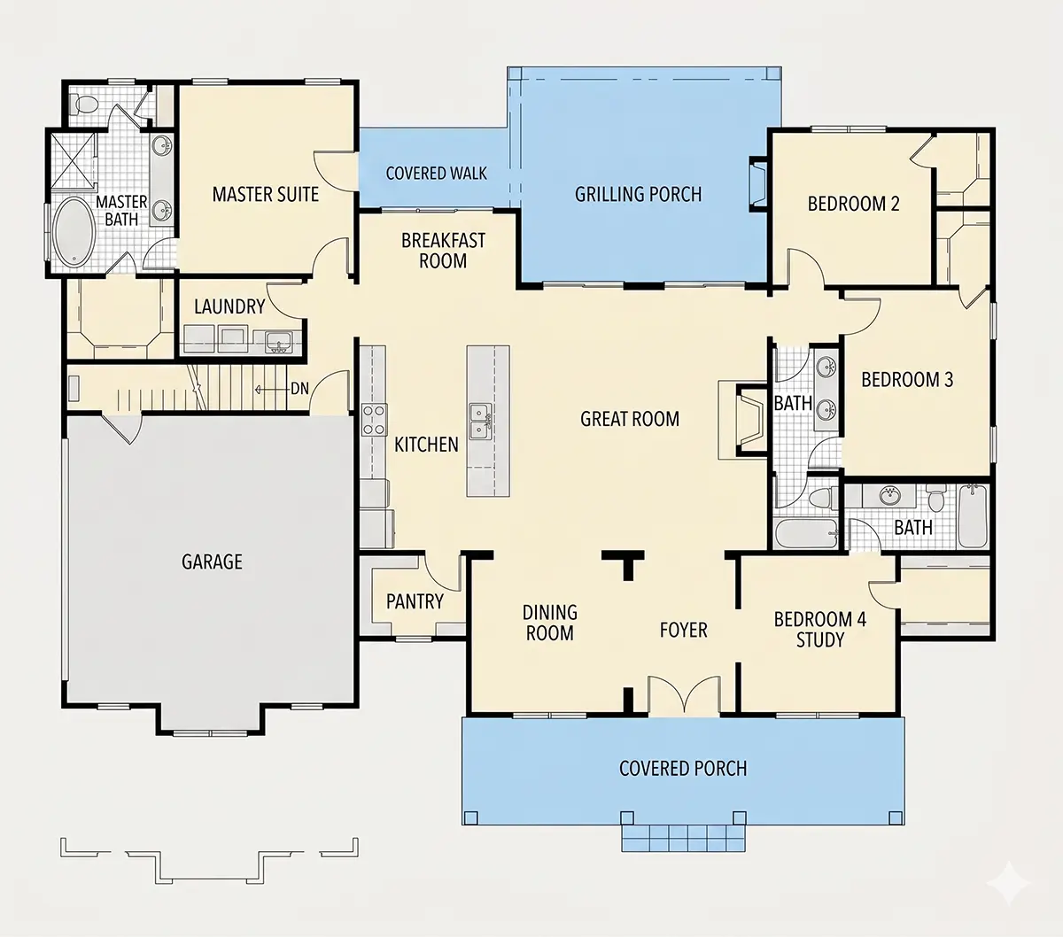 Parter 13 – Proiect de casa parter cu mansardă 206 m²: 4 Dormitoare, 3 Bai, Bucatarie deschisa, Garaj — 63949R