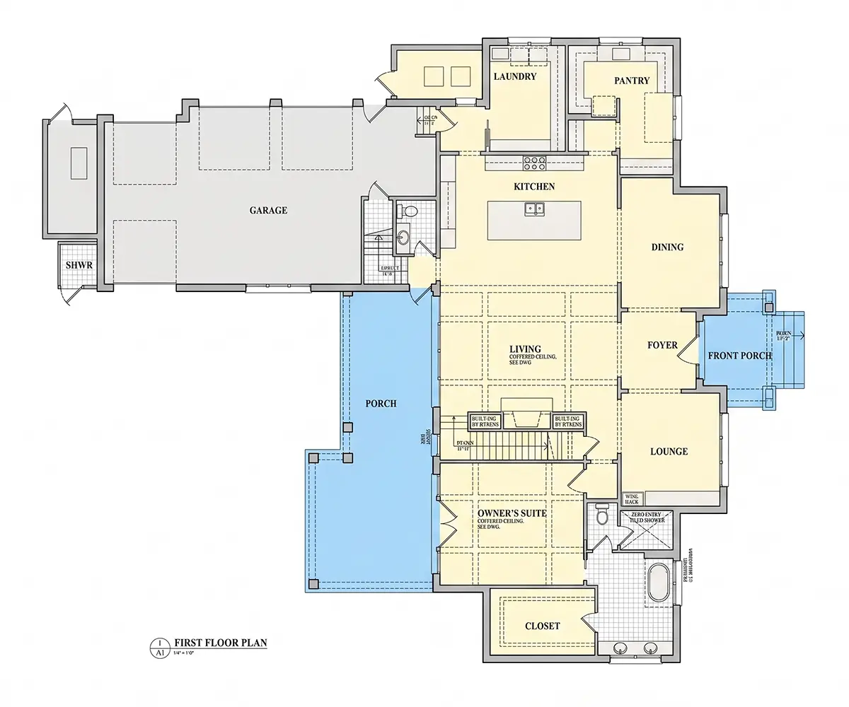 Parter 8 – Proiect de casa cu etaj 418 m²: 4 Dormitoare, Birou, 5 Bai, Bucatarie deschisa, Garaj — 12065R