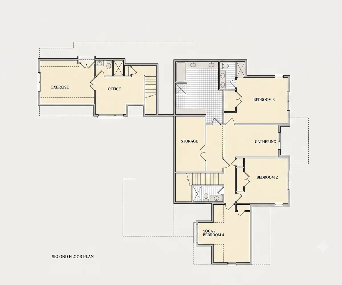 Etaj 1 9 – Proiect de casa cu etaj 418 m²: 4 Dormitoare, Birou, 5 Bai, Bucatarie deschisa, Garaj — 12065R