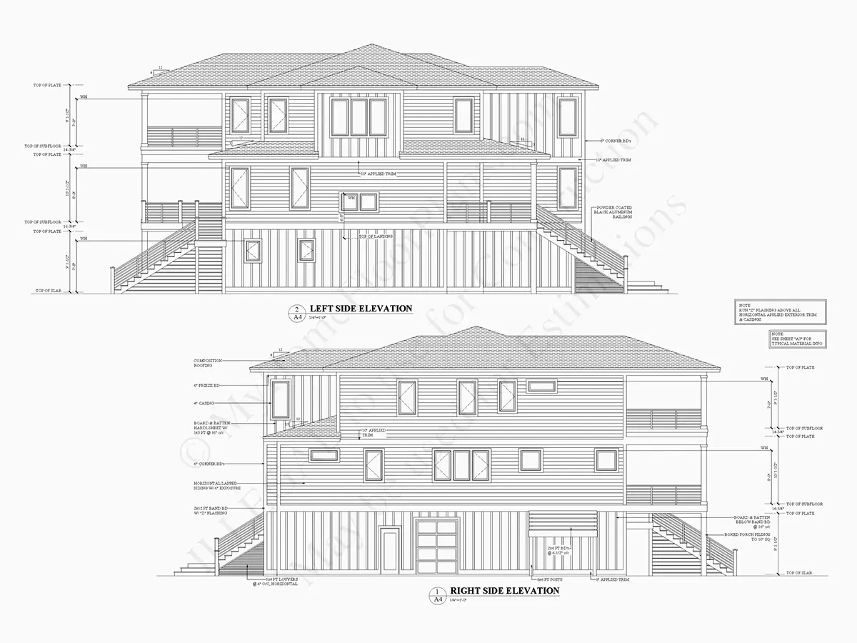 Fațade 8 – Proiect de casa cu 2 etaje 387 m²: 4 Dormitoare, Birou, 5 Bai, Bucatarie deschisa, Garaj — 34940R