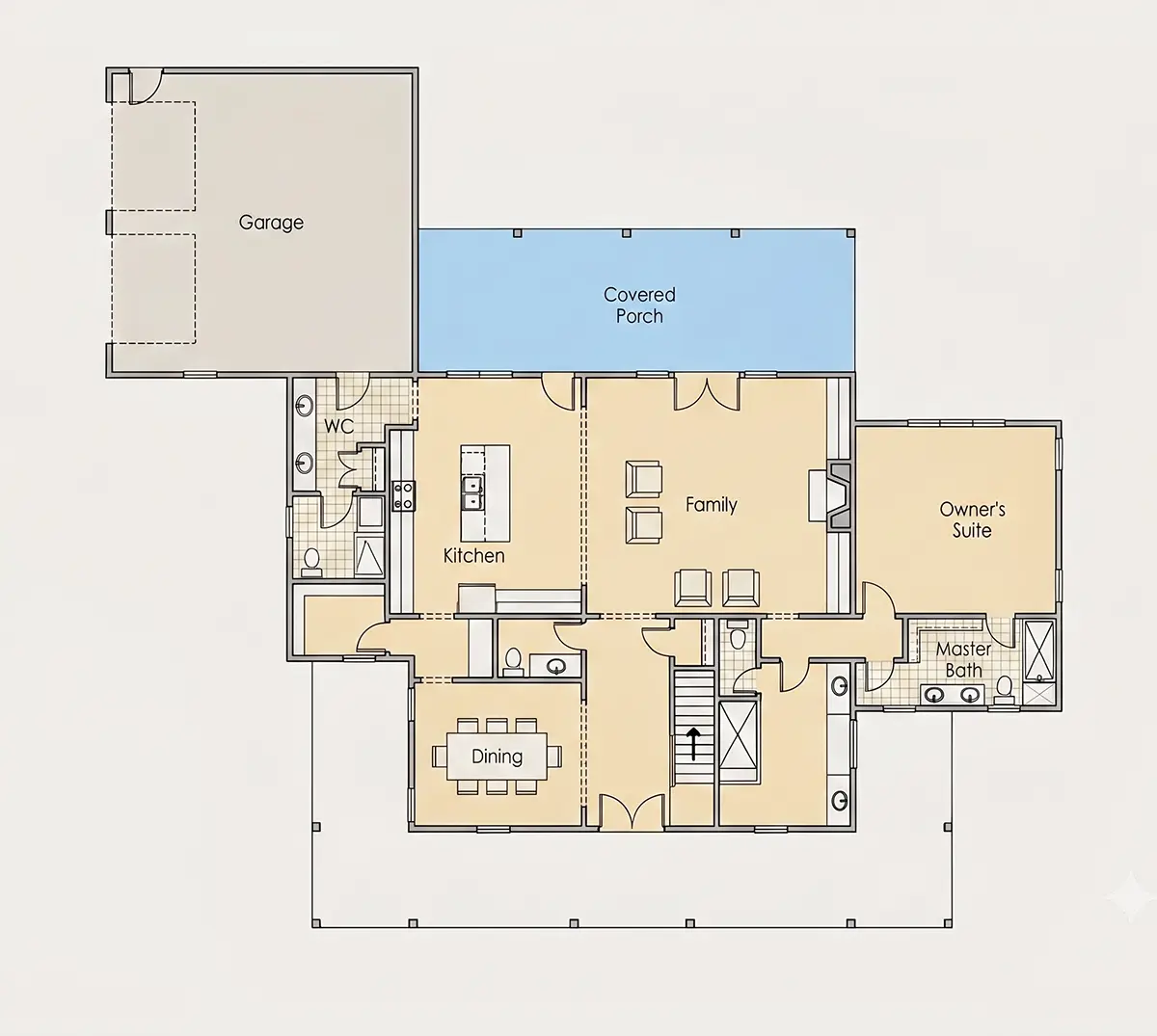 Parter 13 – Proiect de casa parter cu mansardă 262 m²: 3 Dormitoare, 5 Bai, Bucatarie deschisa, Garaj — 15170R