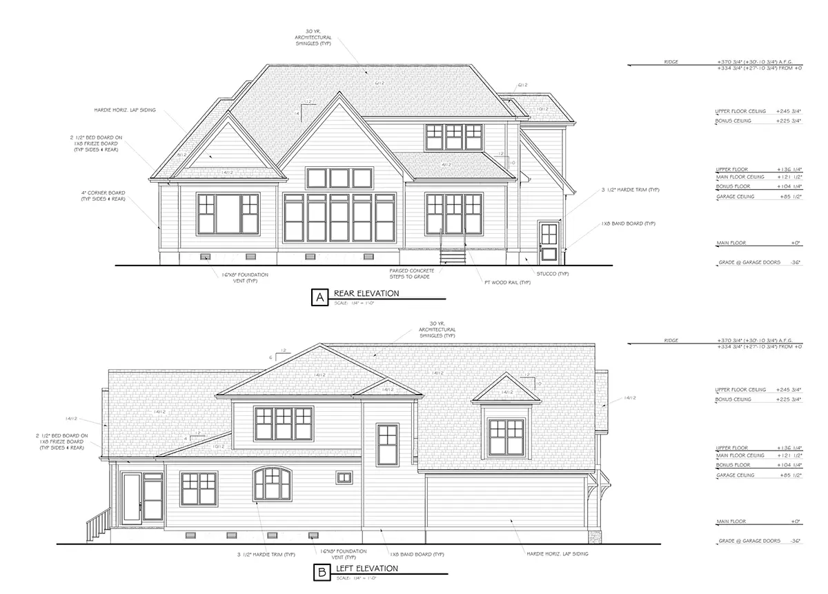 Fațade 15 – Proiect de casa parter cu mansardă 313 m²: 3 Dormitoare, Birou, 4 Bai, Bucatarie deschisa, Garaj — 90504R