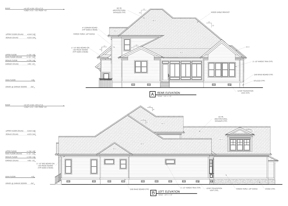 Fațade 15 – Proiect de casa parter cu mansardă 390 m²: 5 Dormitoare, Birou, 5 Bai, Bucatarie deschisa, Garaj — 38496R