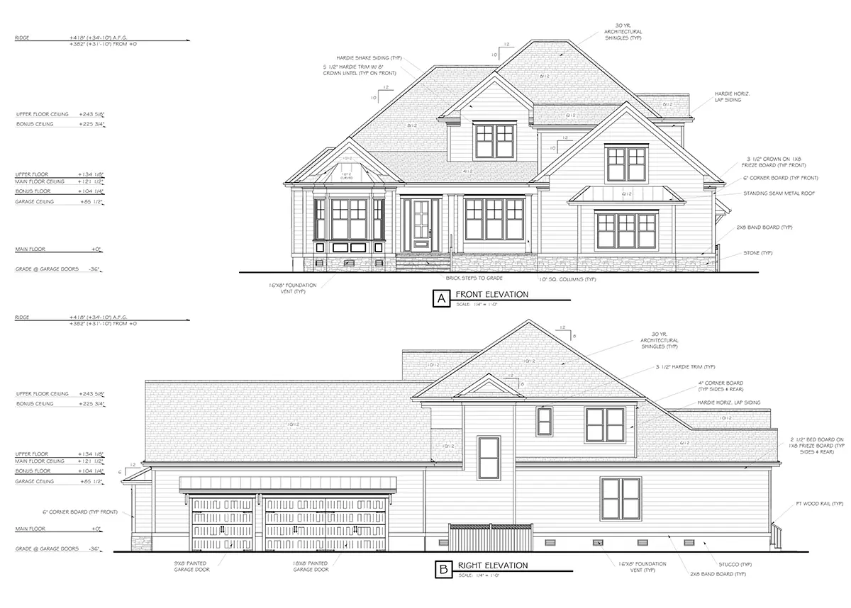 Fațade 14 – Proiect de casa parter cu mansardă 390 m²: 5 Dormitoare, Birou, 5 Bai, Bucatarie deschisa, Garaj — 38496R
