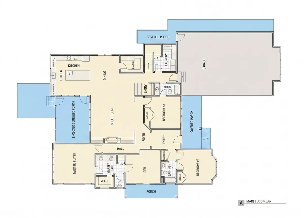 Parter 16 – Proiect de casa parter cu mansardă 390 m²: 5 Dormitoare, Birou, 5 Bai, Bucatarie deschisa, Garaj — 38496R