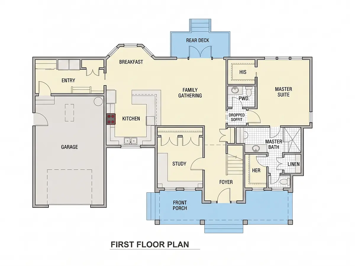 Parter 7 – Proiect de casa parter cu mansardă 249 m²: 3 Dormitoare, Birou, 3 Bai, Bucatarie deschisa, Garaj — 74941R