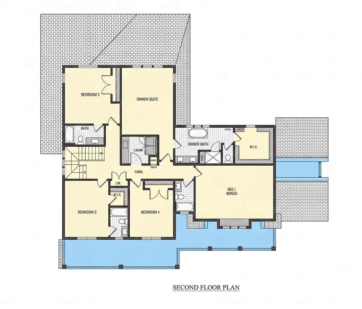 Etaj 1 10 – Proiect de casa cu etaj 445 m²: 4 Dormitoare, Birou, 5 Bai, Bucatarie deschisa, Garaj — 70535R