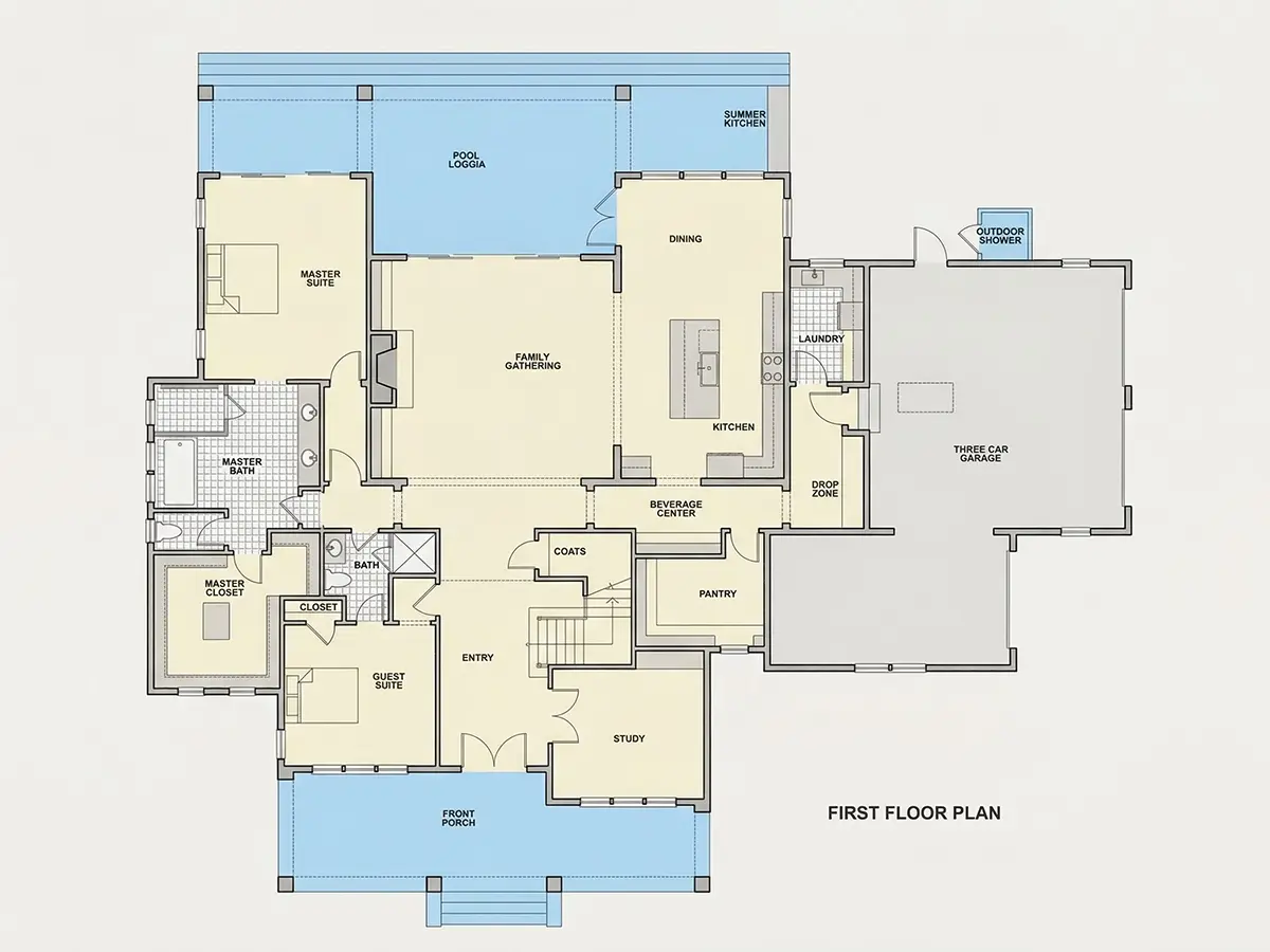 Parter 10 – Proiect de casa cu etaj 437 m²: 5 Dormitoare, Birou, 5 Bai, Bucatarie deschisa, Garaj — 35965R