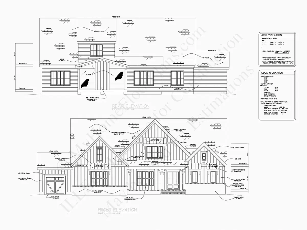 Fațade 18 – Proiect de casa parter cu mansardă 386 m²: 4 Dormitoare, Birou, 5 Bai, Bucatarie deschisa, Garaj — 59424R