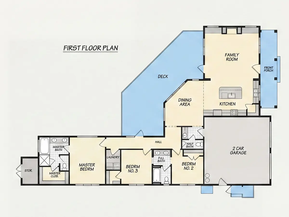 Parter 9 – Proiect de casa parter 175 m²: 3 Dormitoare, 3 Bai, Bucatarie deschisa, Garaj — 70574R