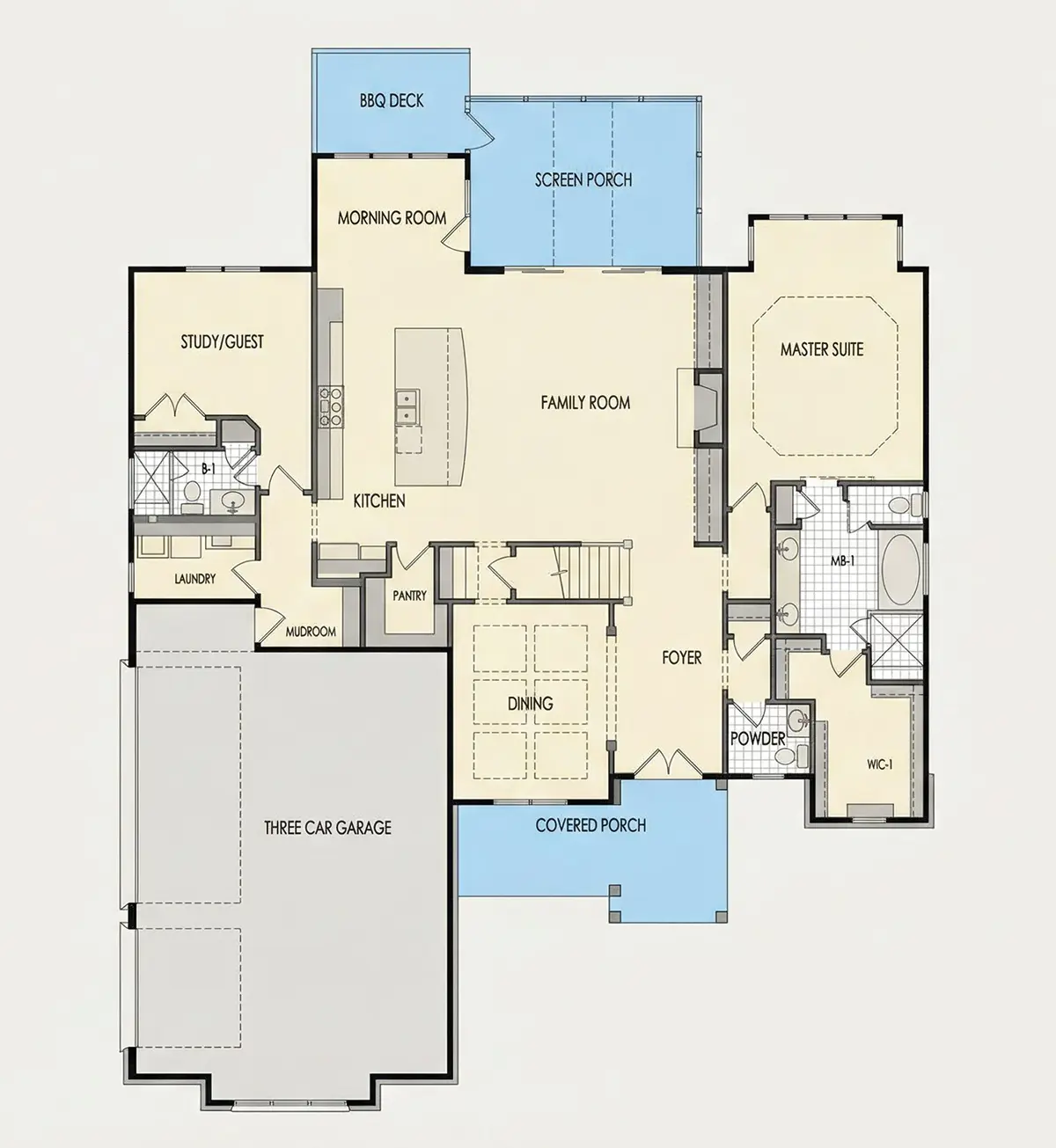 Parter 25 – Proiect de casa parter cu mansardă 385 m²: 4 Dormitoare, Birou, 5 Bai, Bucatarie deschisa, Garaj — 16340R