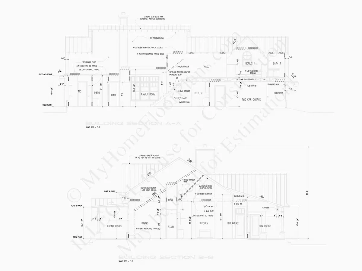 Proiect de casa parter cu mansardă 272 m²: 2 Dormitoare, Birou, 4 Bai, Bucatarie deschisa, Garaj
