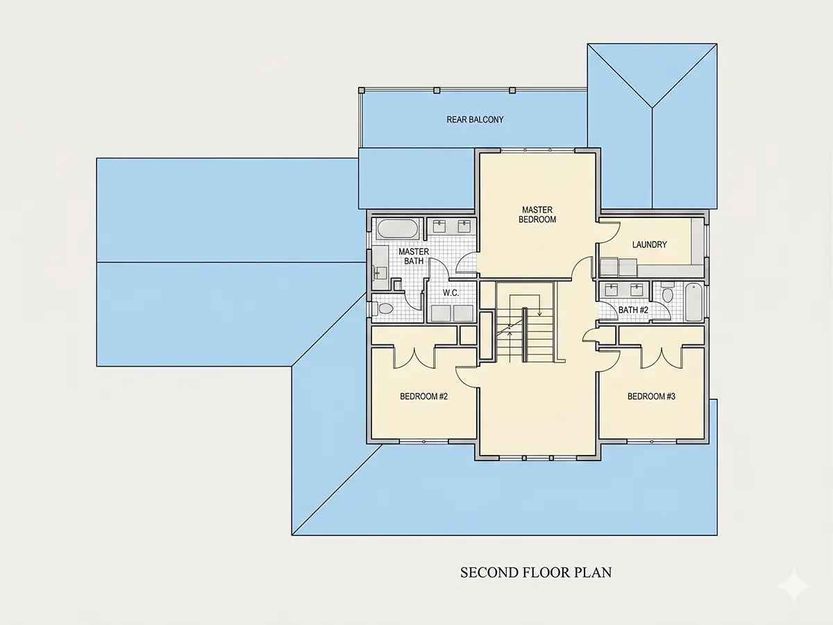 Etaj 1 9 – Proiect de casa cu etaj 255 m²: 4 Dormitoare, 4 Bai, Bucatarie deschisa, Garaj — 39790R