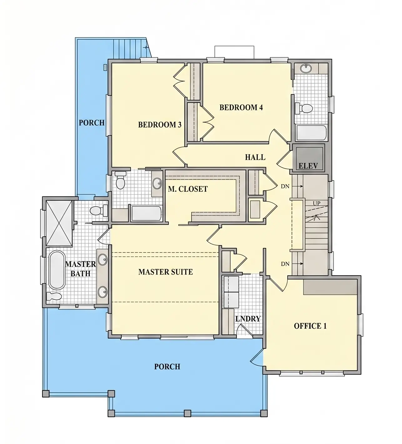 Etaj 1 12 – Proiect de casa cu 2 etaje 333 m²: 4 Dormitoare, Birou, 5 Bai, Bucatarie deschisa, Garaj — 80886R