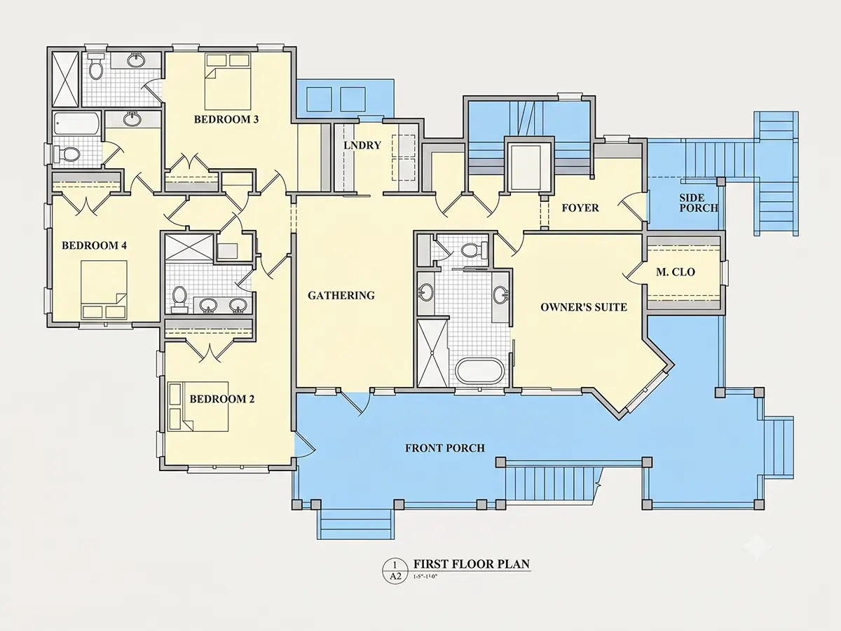 Parter 23 – Proiect de casa cu 2 etaje 275 m²: 4 Dormitoare, 6 Bai, Bucatarie deschisa, Garaj — 74147R