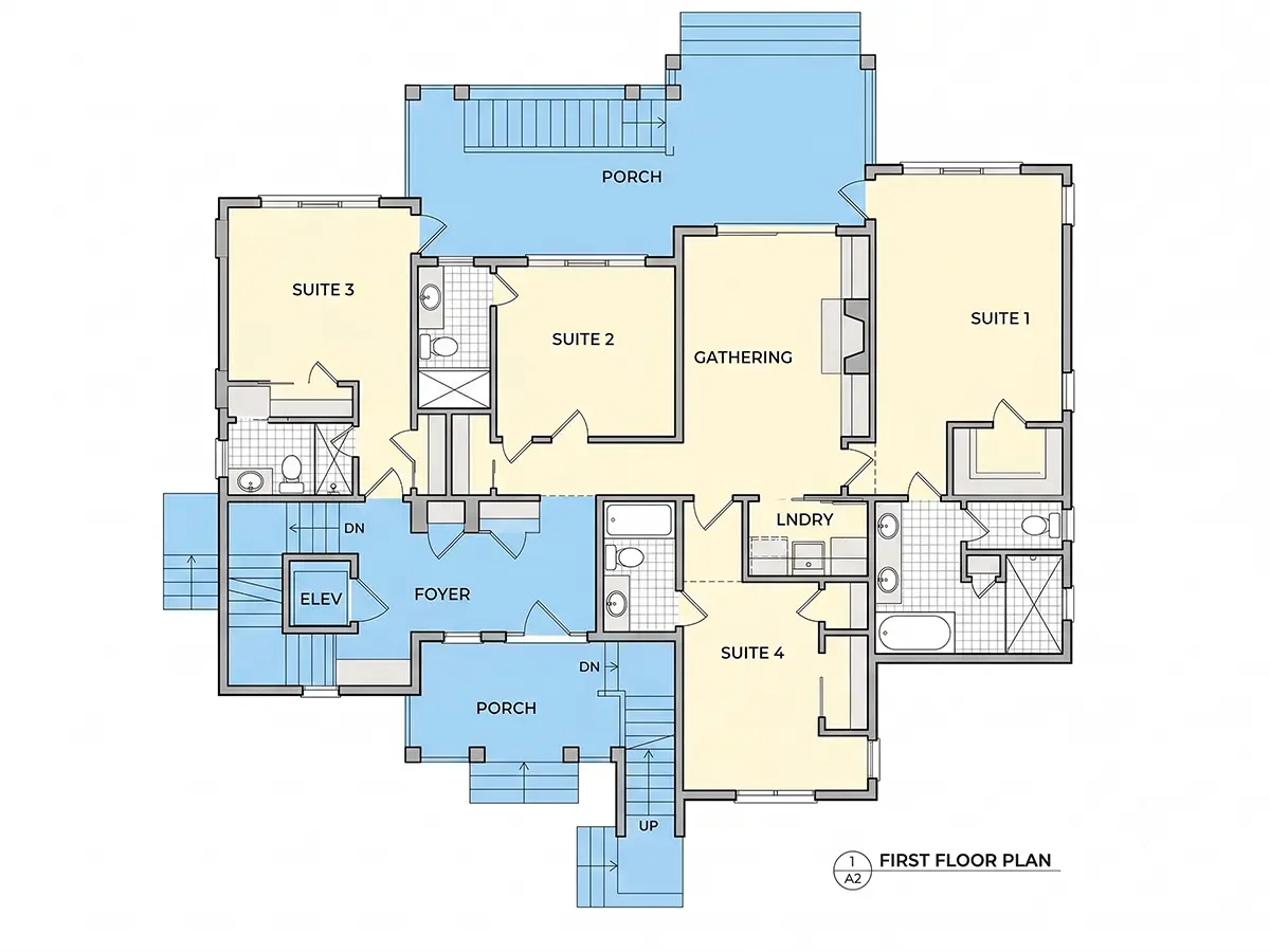 Parter 12 – Proiect de casa cu 2 etaje 285 m²: 4 Dormitoare, 5 Bai, Bucatarie deschisa, Garaj — 89056R