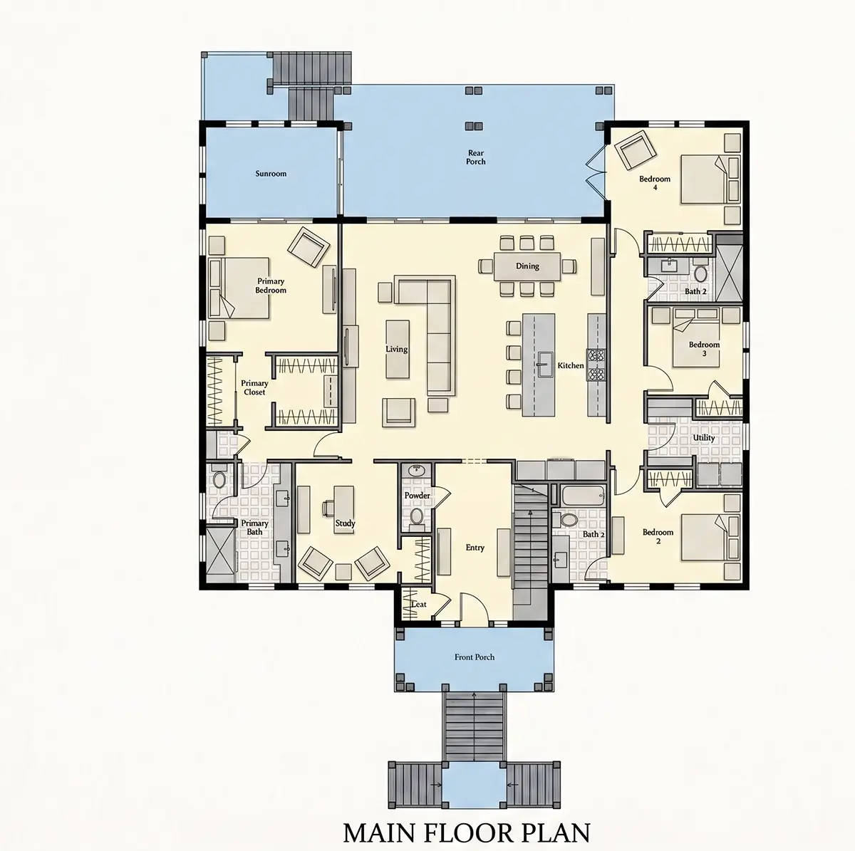 Parter 7 – Proiect de casa cu etaj 372 m²: 4 Dormitoare, Birou, 6 Bai, Bucatarie deschisa, Garaj — 40189R