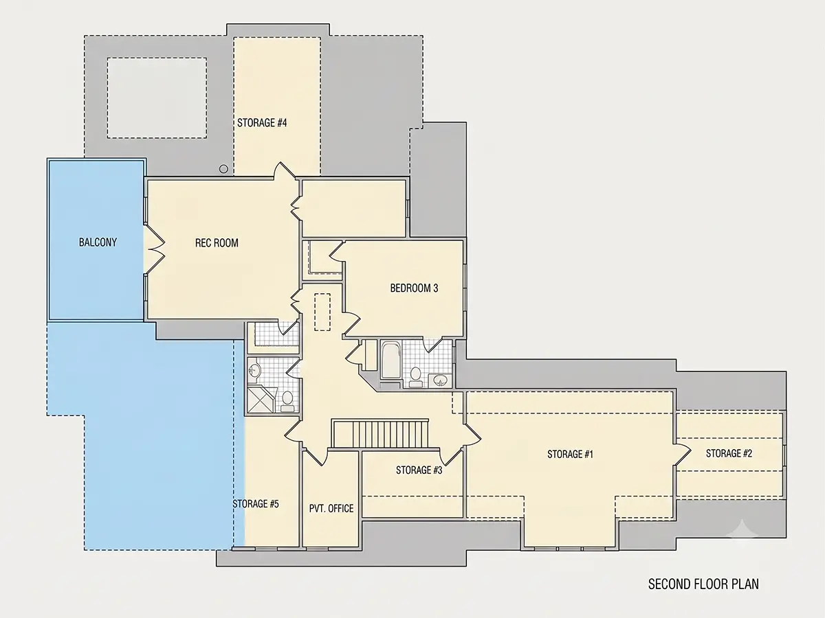 Etaj 1 28 – Proiect de casa parter cu mansardă 403 m²: 3 Dormitoare, Birou, 5 Bai, Bucatarie deschisa, Garaj — 40137R