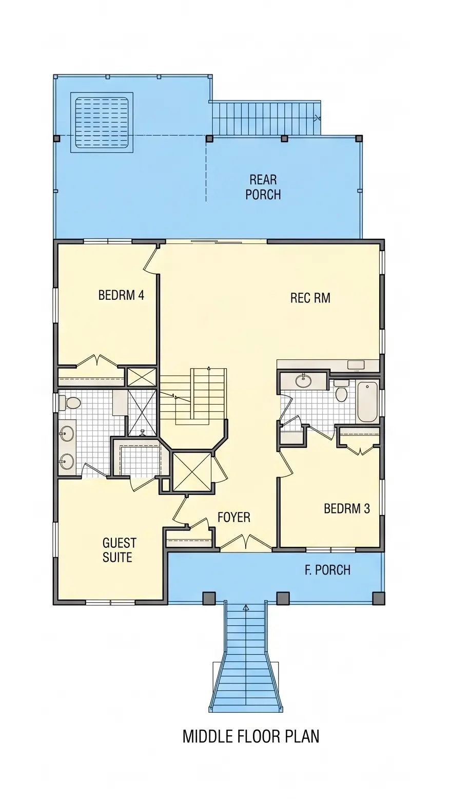 Parter 12 – Proiect de casa cu 2 etaje 255 m²: 4 Dormitoare, 5 Bai, Bucatarie deschisa, Garaj — 44965R