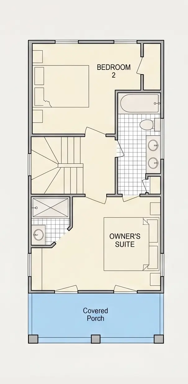 Etaj 1 8 – Proiect de casa cu 2 etaje 117 m²: 2 Dormitoare, 4 Bai, Bucatarie deschisa, fara Garaj — 15659R