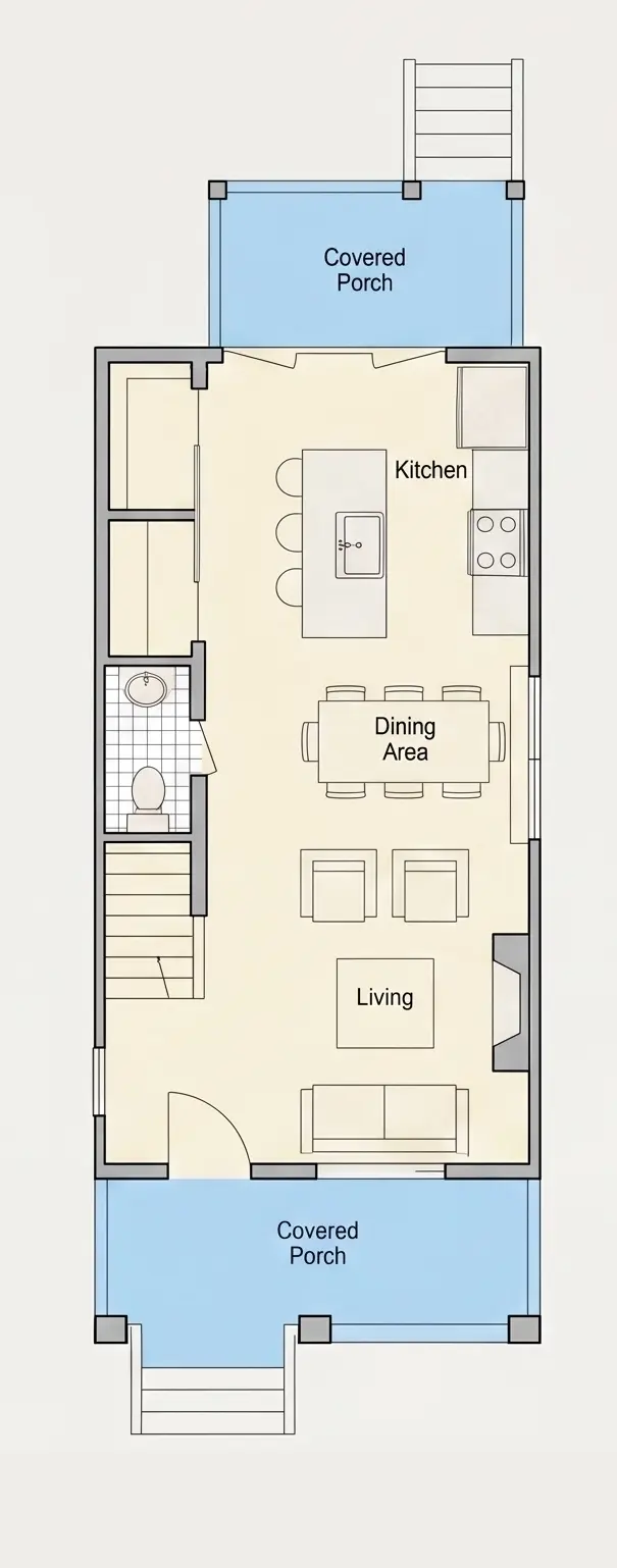Parter 6 – Proiect de casa cu 2 etaje 117 m²: 2 Dormitoare, 4 Bai, Bucatarie deschisa, fara Garaj — 15659R