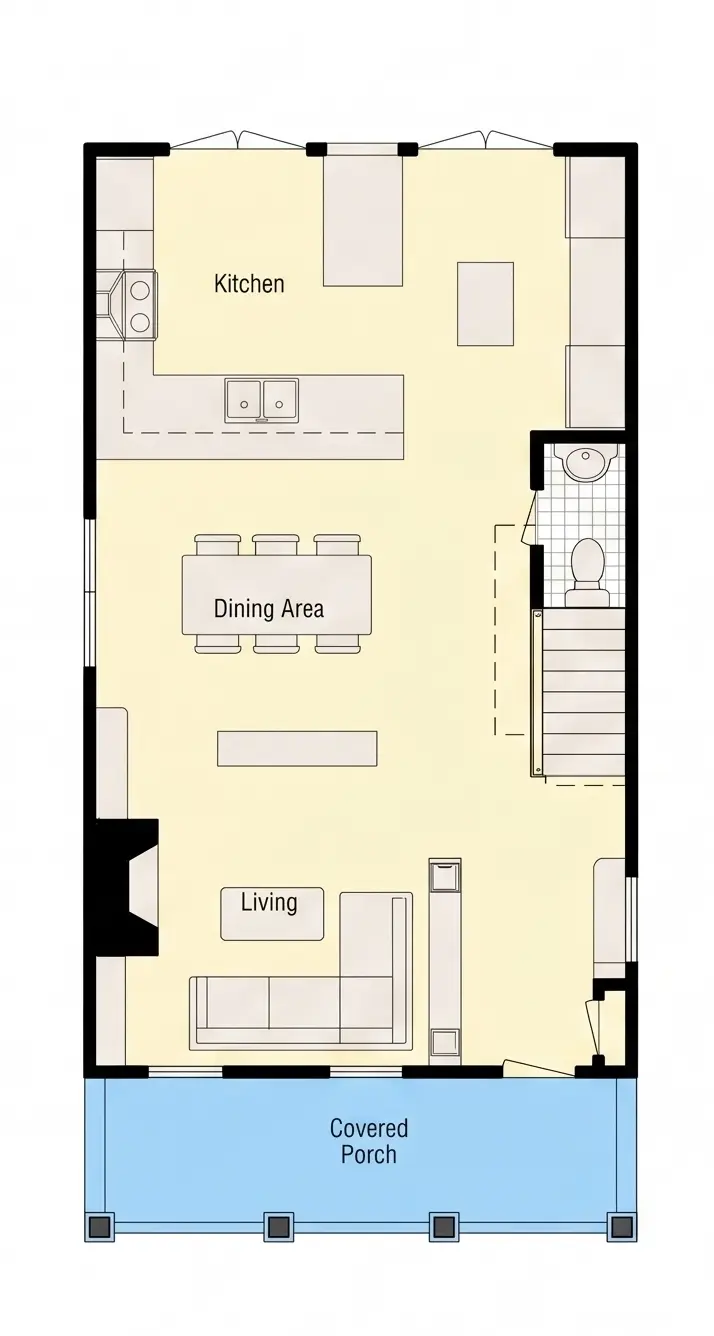 Parter 8 – Proiect de casa cu 2 etaje 211 m²: 3 Dormitoare, Birou, 3 Bai, Bucatarie deschisa, fara Garaj — 40783R
