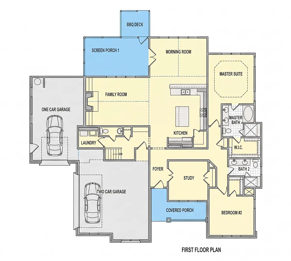 Parter 16 – Proiect de casa parter cu mansardă 277 m²: 3 Dormitoare, Birou, 4 Bai, Bucatarie deschisa, Garaj — 69010R