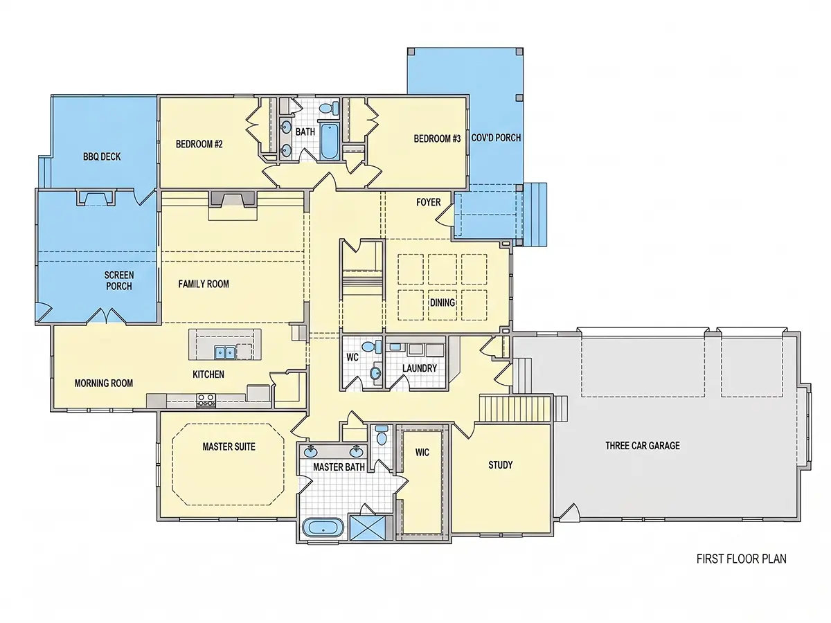 Parter 9 – Proiect de casa parter cu mansardă 326 m²: 4 Dormitoare, Birou, 4 Bai, Bucatarie deschisa, Garaj — 84955R