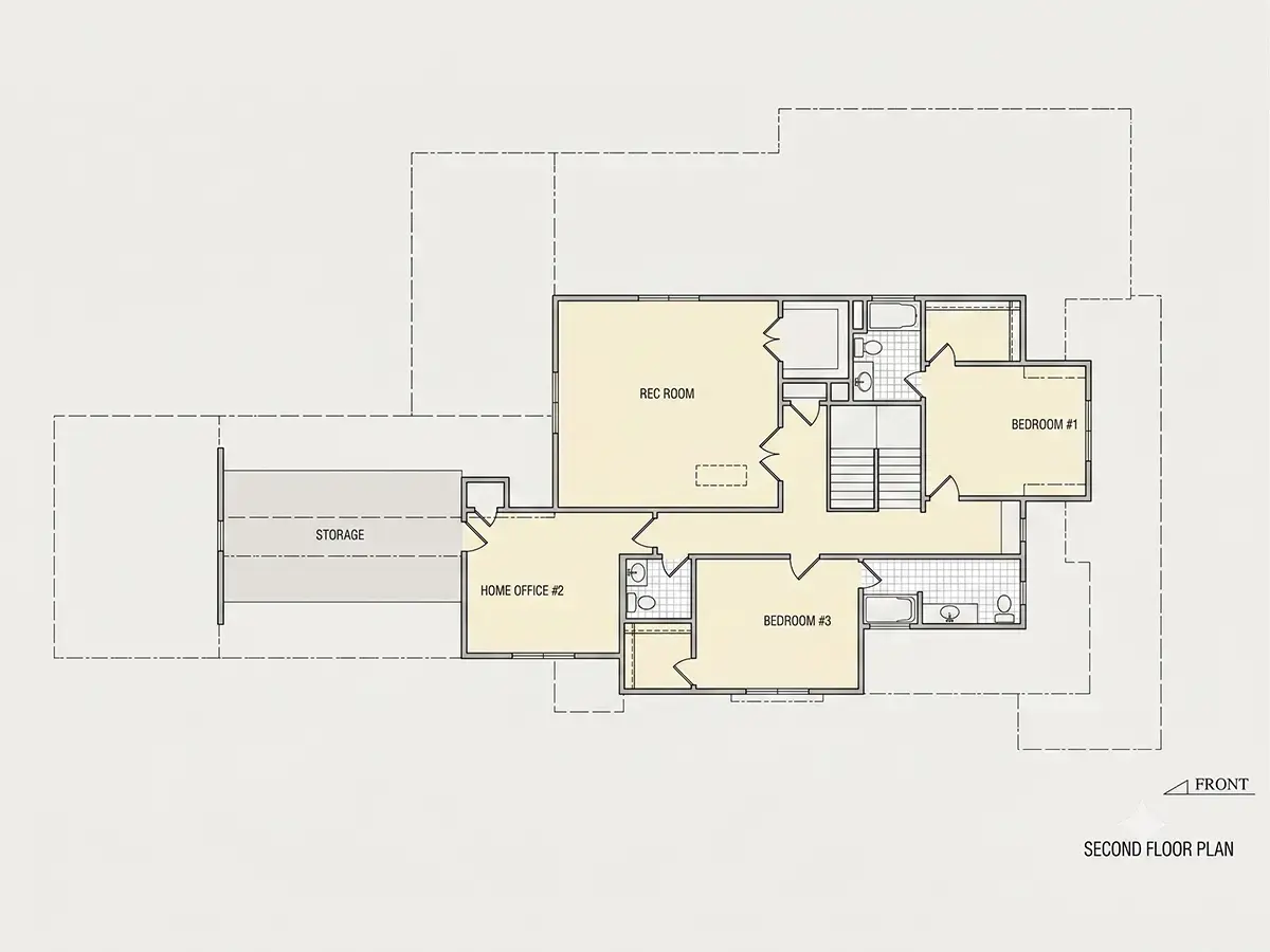 Etaj 1 12 – Proiect de casa cu etaj 375 m²: 4 Dormitoare, Birou, 6 Bai, Bucatarie deschisa, Garaj — 79750R