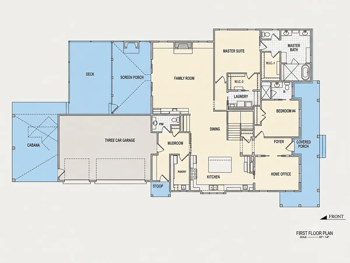 Parter 11 – Proiect de casa cu etaj 375 m²: 4 Dormitoare, Birou, 6 Bai, Bucatarie deschisa, Garaj — 79750R