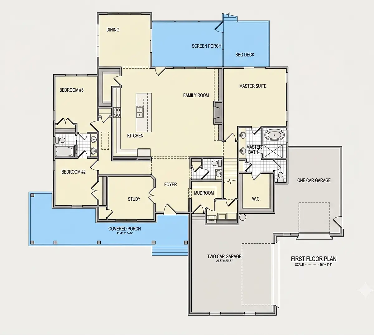 Parter 23 – Proiect de casa parter cu mansardă 297 m²: 4 Dormitoare, Birou, 4 Bai, Bucatarie deschisa, Garaj — 74644R
