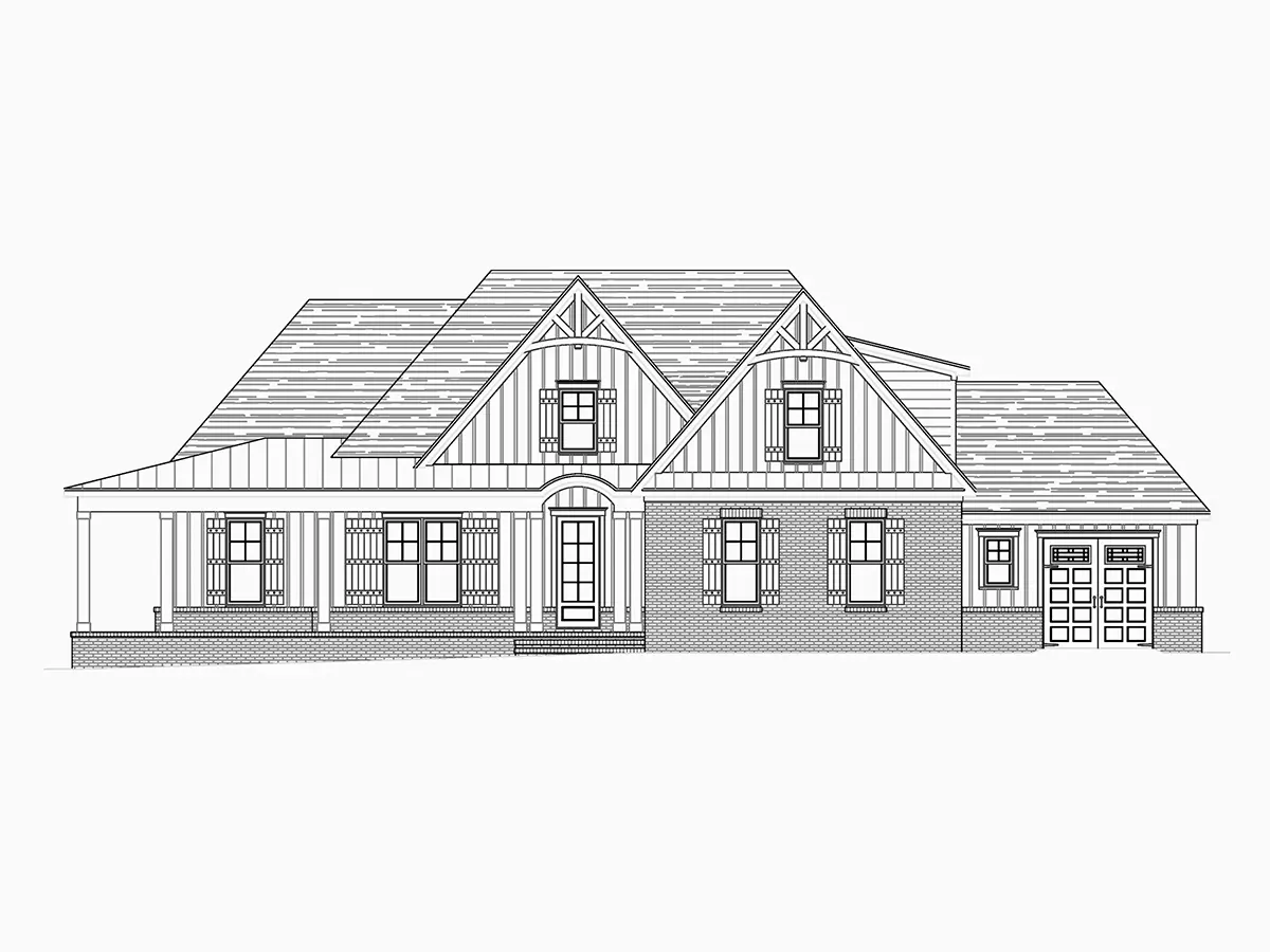 Fațade 19 – Proiect de casa parter cu mansardă 297 m²: 4 Dormitoare, Birou, 4 Bai, Bucatarie deschisa, Garaj — 74644R