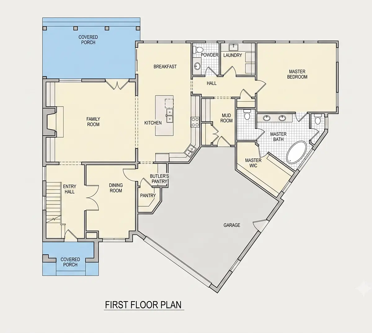 Parter 8 – Proiect de casa parter cu mansardă 357 m²: 4 Dormitoare, 5 Bai, Bucatarie deschisa, Garaj — 72099R