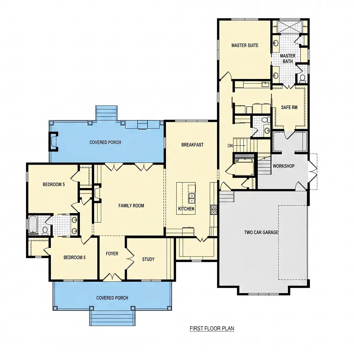 Parter 12 – Proiect de casa parter cu mansardă 317 m²: 4 Dormitoare, Birou, 4 Bai, Bucatarie deschisa, Garaj — 29008R
