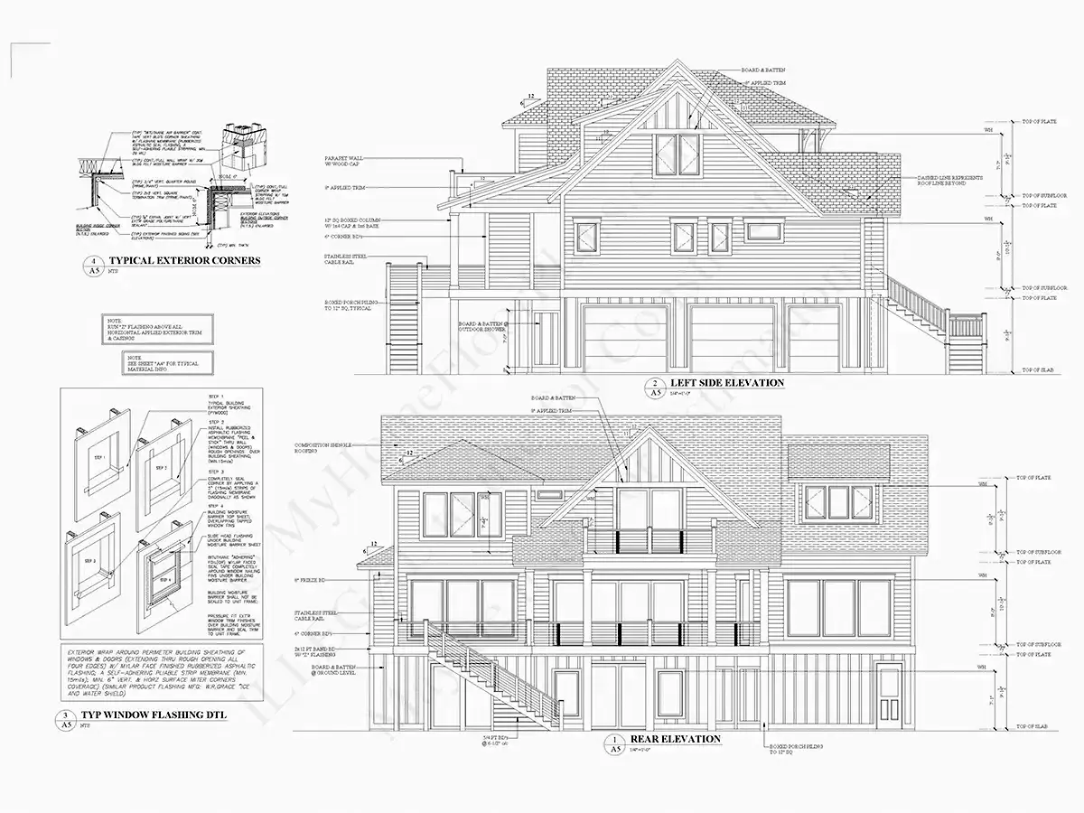 Fațade 7 – Proiect de casa cu 2 etaje 377 m²: 4 Dormitoare, Birou, 5 Bai, Garaj — 89611R