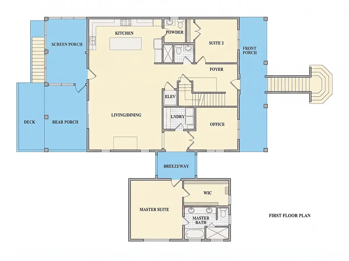 Parter 8 – Proiect de casa cu 2 etaje 340 m²: 3 Dormitoare, Birou, 4 Bai, Bucatarie deschisa, Garaj — 80087R