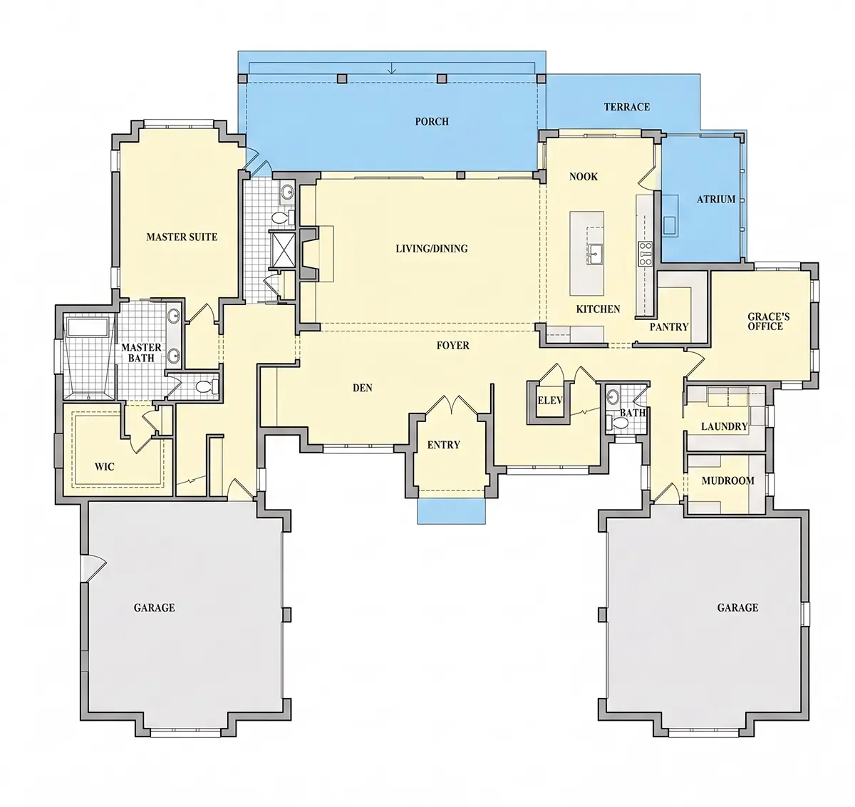 Parter 9 – Proiect de casa parter cu mansardă 480 m²: 4 Dormitoare, Birou, 7 Bai, Bucatarie deschisa, Garaj — 22786R