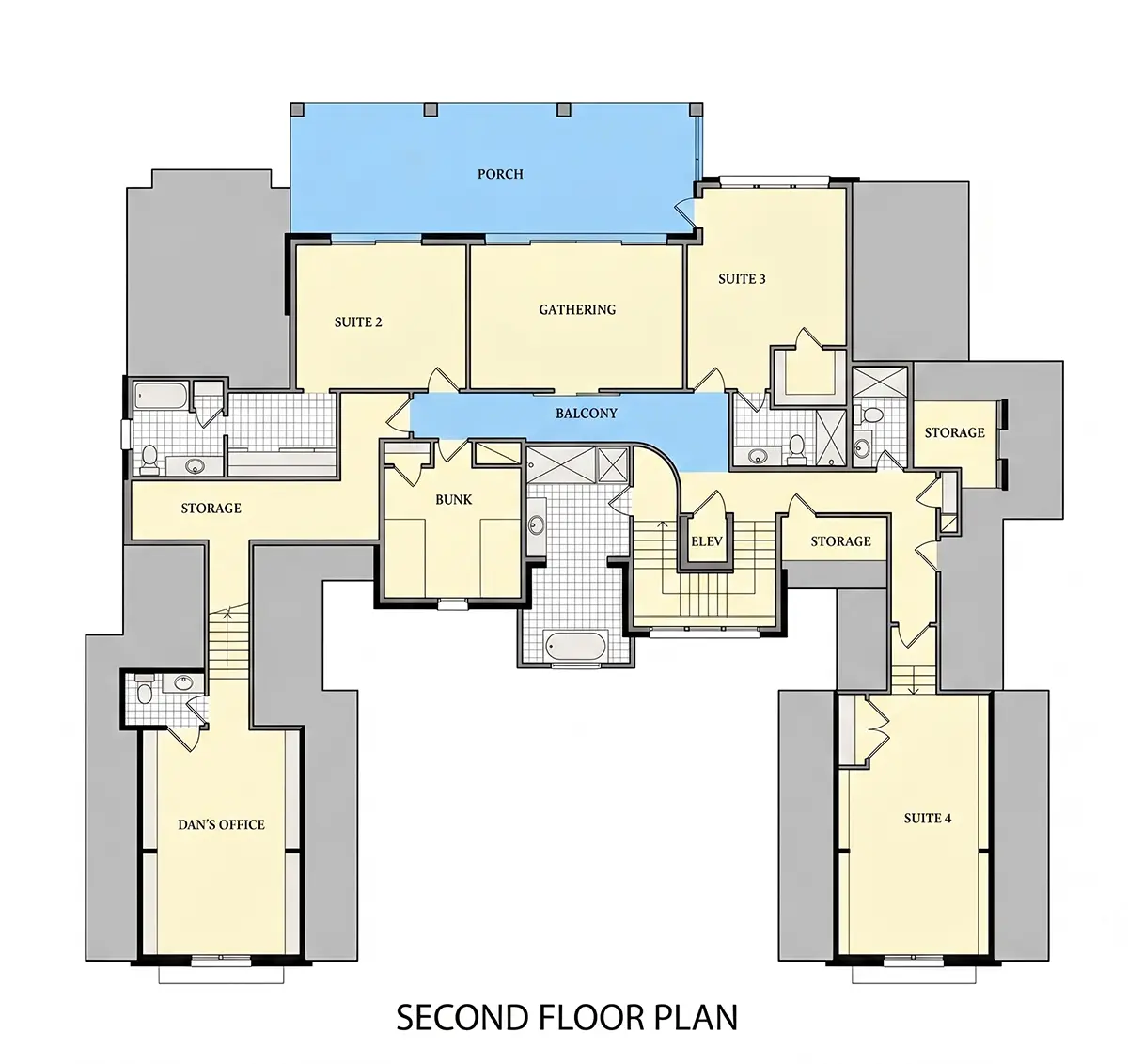 Etaj 1 10 – Proiect de casa parter cu mansardă 480 m²: 4 Dormitoare, Birou, 7 Bai, Bucatarie deschisa, Garaj — 22786R